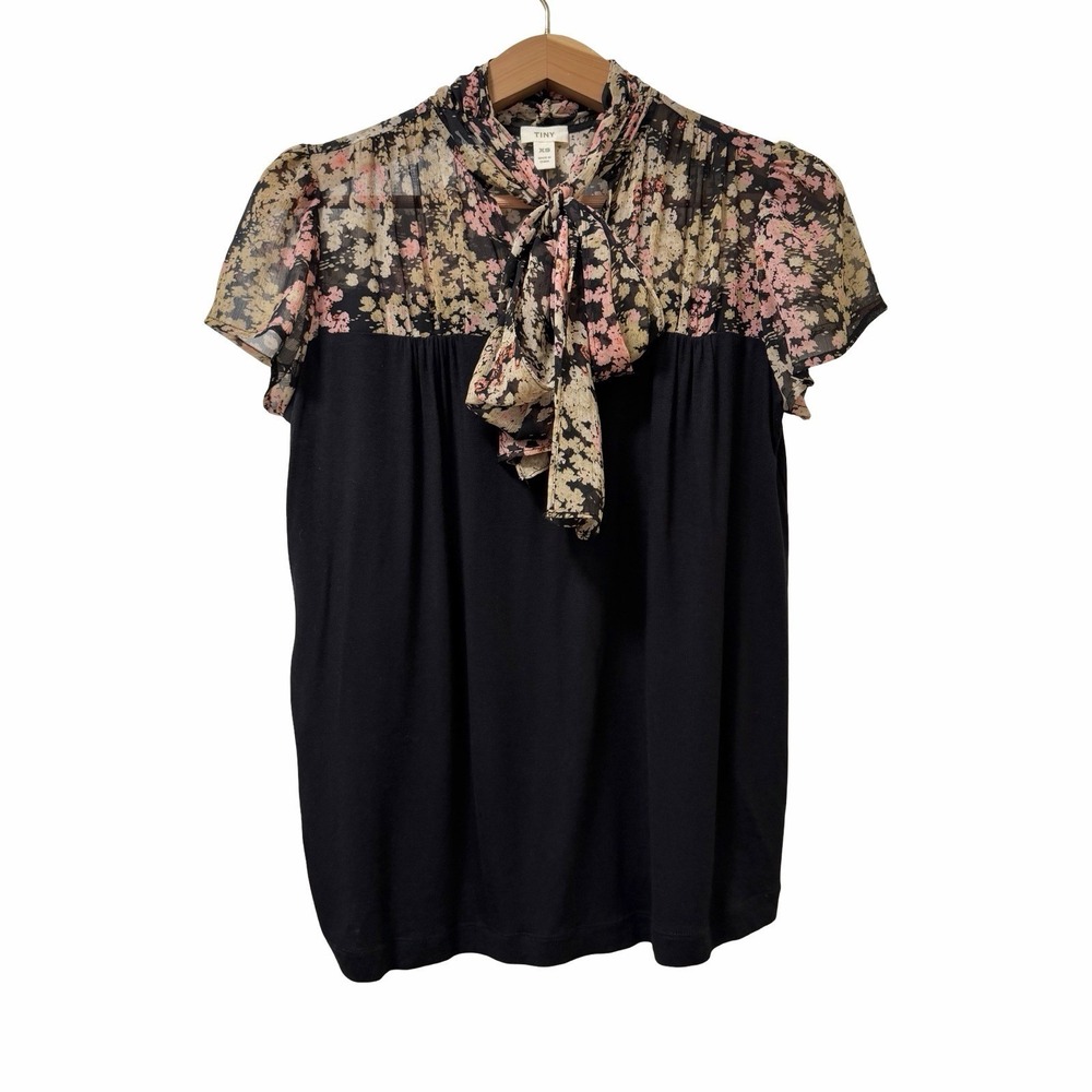 Anthropologie Tiny Floral Jersey Chiffon Neck Tie Blouse Top Size XS Black Paris